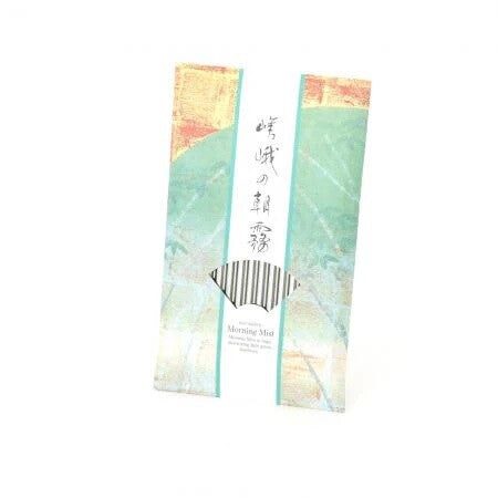 Kousaido Morning Mist of Saga incense sticks with sandalwood and lily of the valley scent in bamboo forest setting