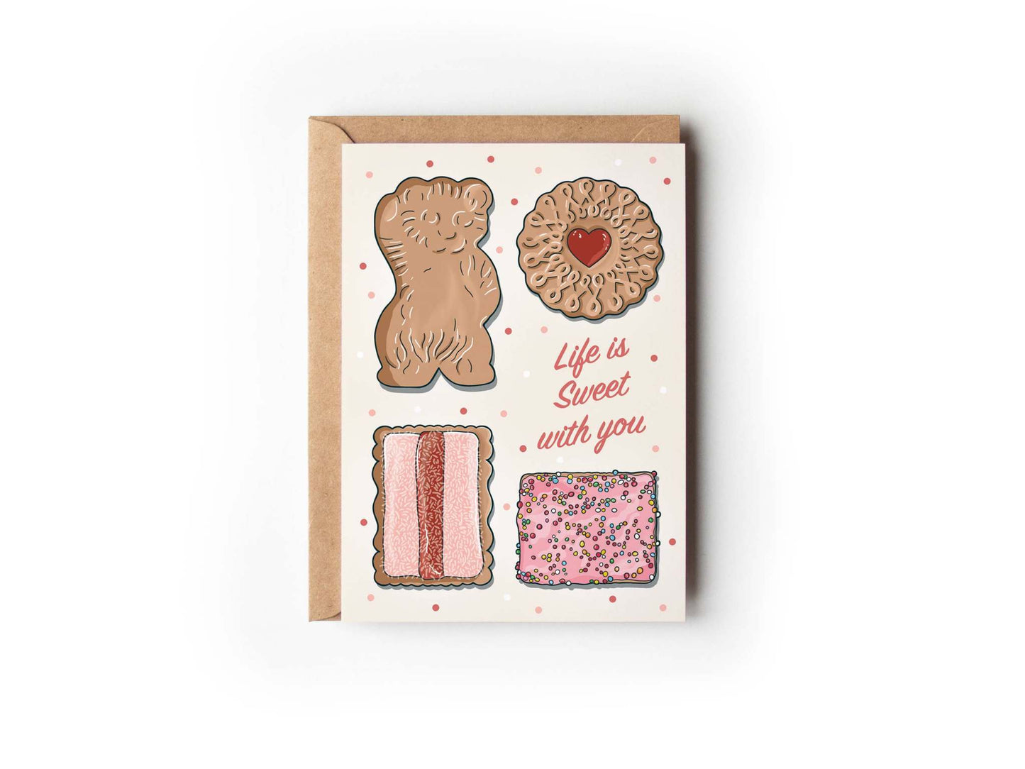 Life is Sweet Love Australian biscuits Valentine card with cream matte finish, kraft envelope from 9to5 Studios Sydney CBD gift shop