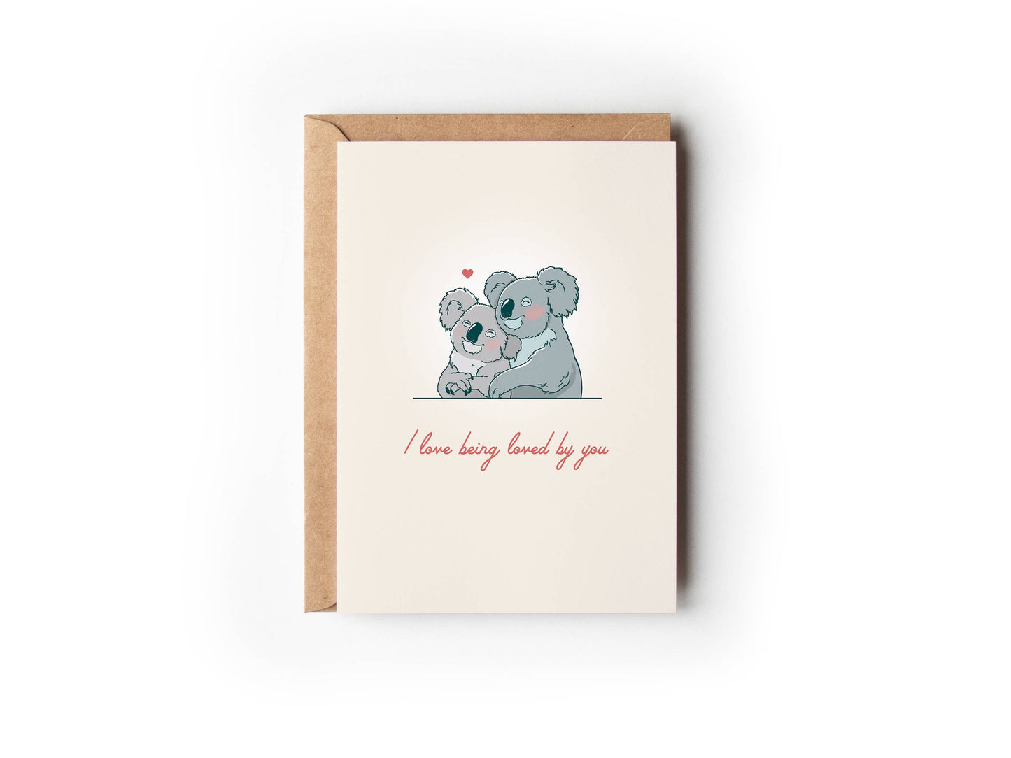 Love Being Loved by You Australian Koala Valentine Card with grey koalas and coral text on cream recycled cardstock from 9to5 Studios