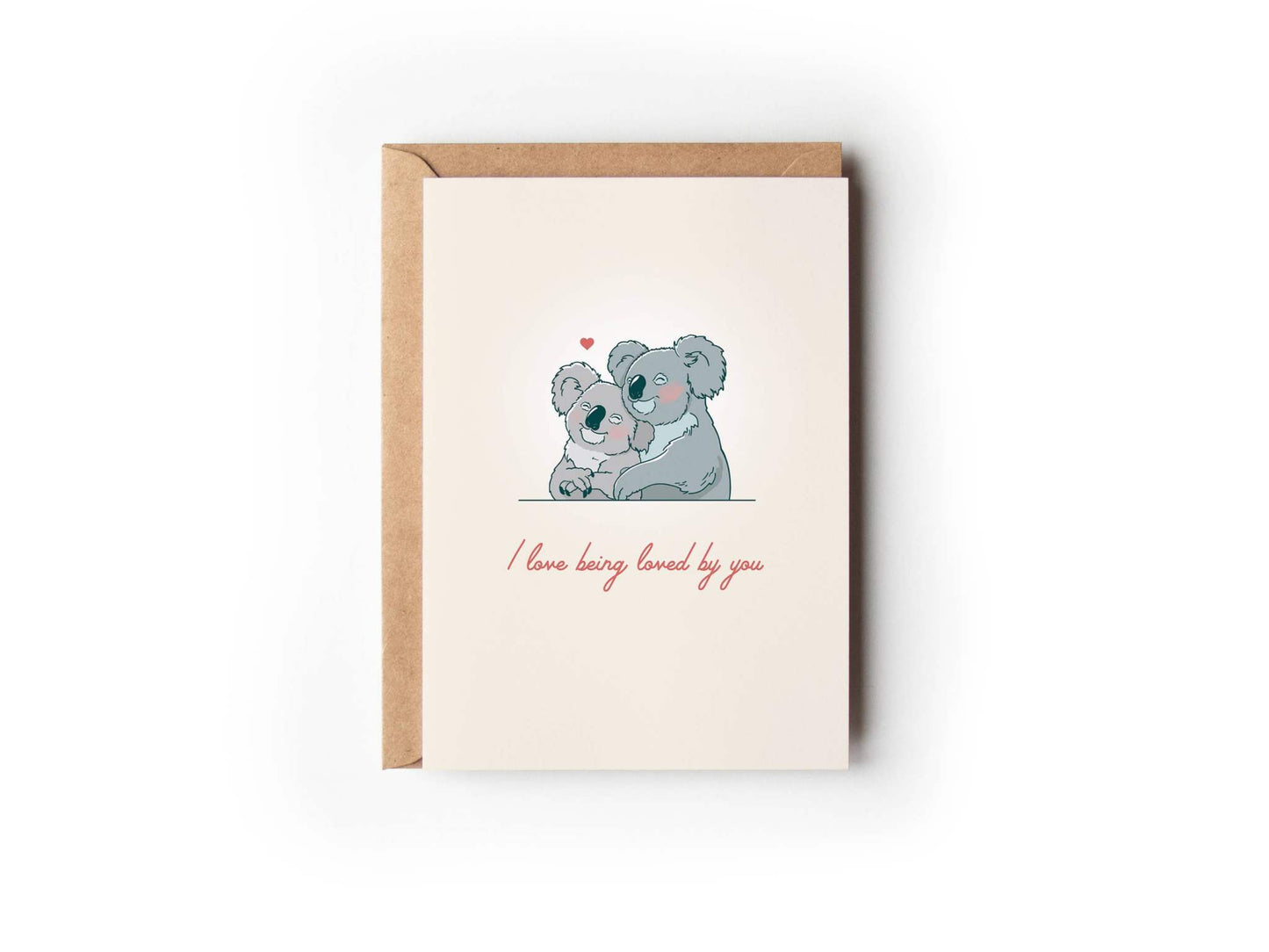 Love Being Loved by You Australian Koala Valentine Card with grey koalas and coral text on cream recycled cardstock from 9to5 Studios