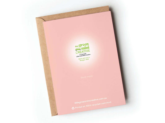 Back of pink recycled cardstock greeting card showing Little Green Mini Creative logo and Made in Australia details