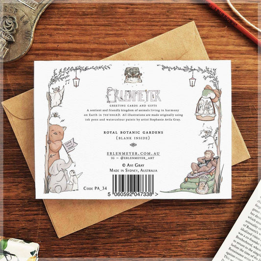 Back of Sydney Royal Botanic Gardens blank greeting card by 9to5 Studios showing animal border and Made in Sydney label