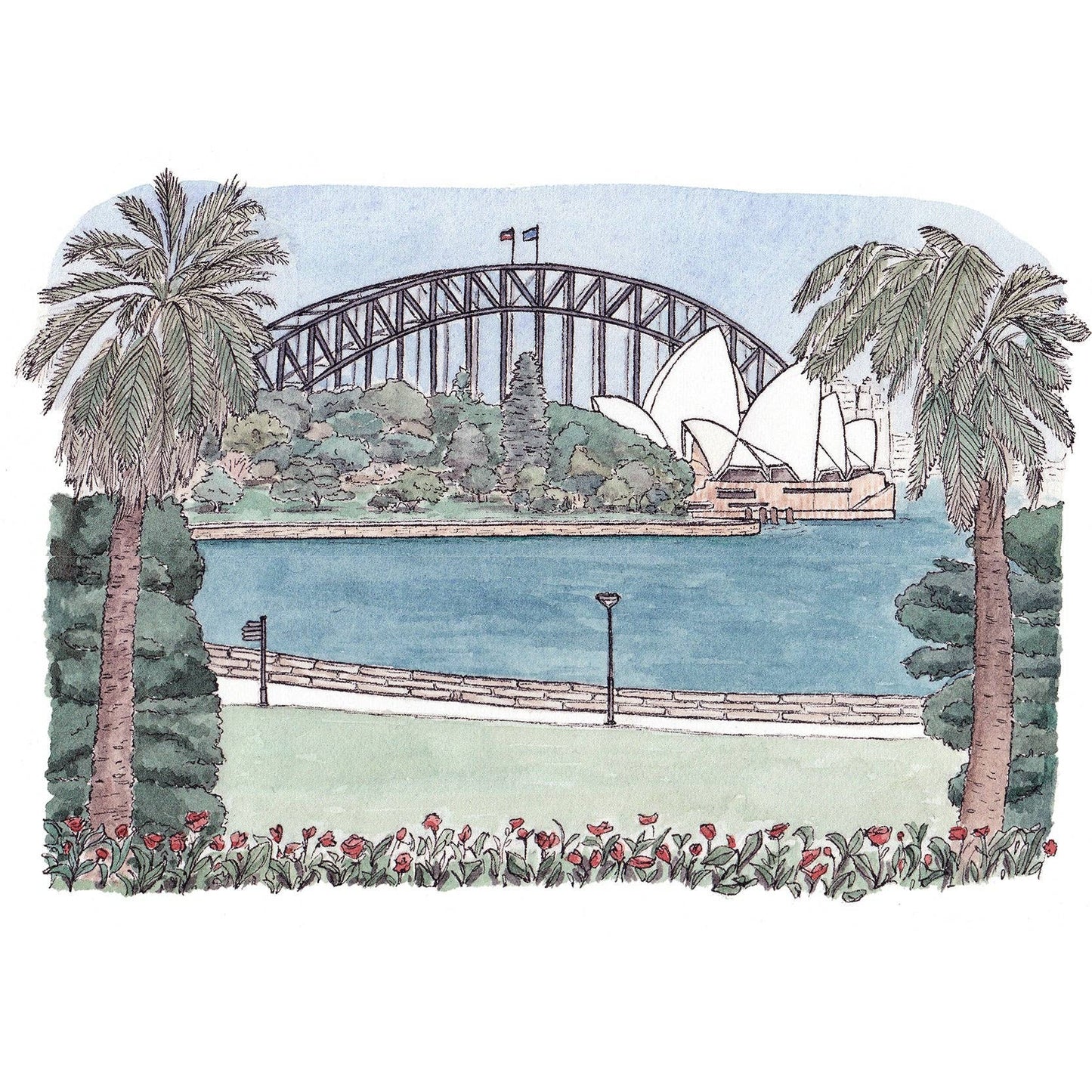 Sydney Royal Botanic Gardens watercolor greeting card by Avi Gray for 9to5 Studios featuring Opera House and Harbour Bridge