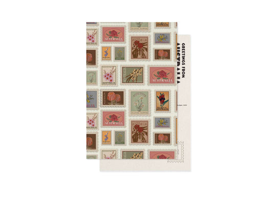 Vintage Australia souvenir postcard by 9to5 Studios featuring Waratah and Flannel Flower stamps on recycled cardstock