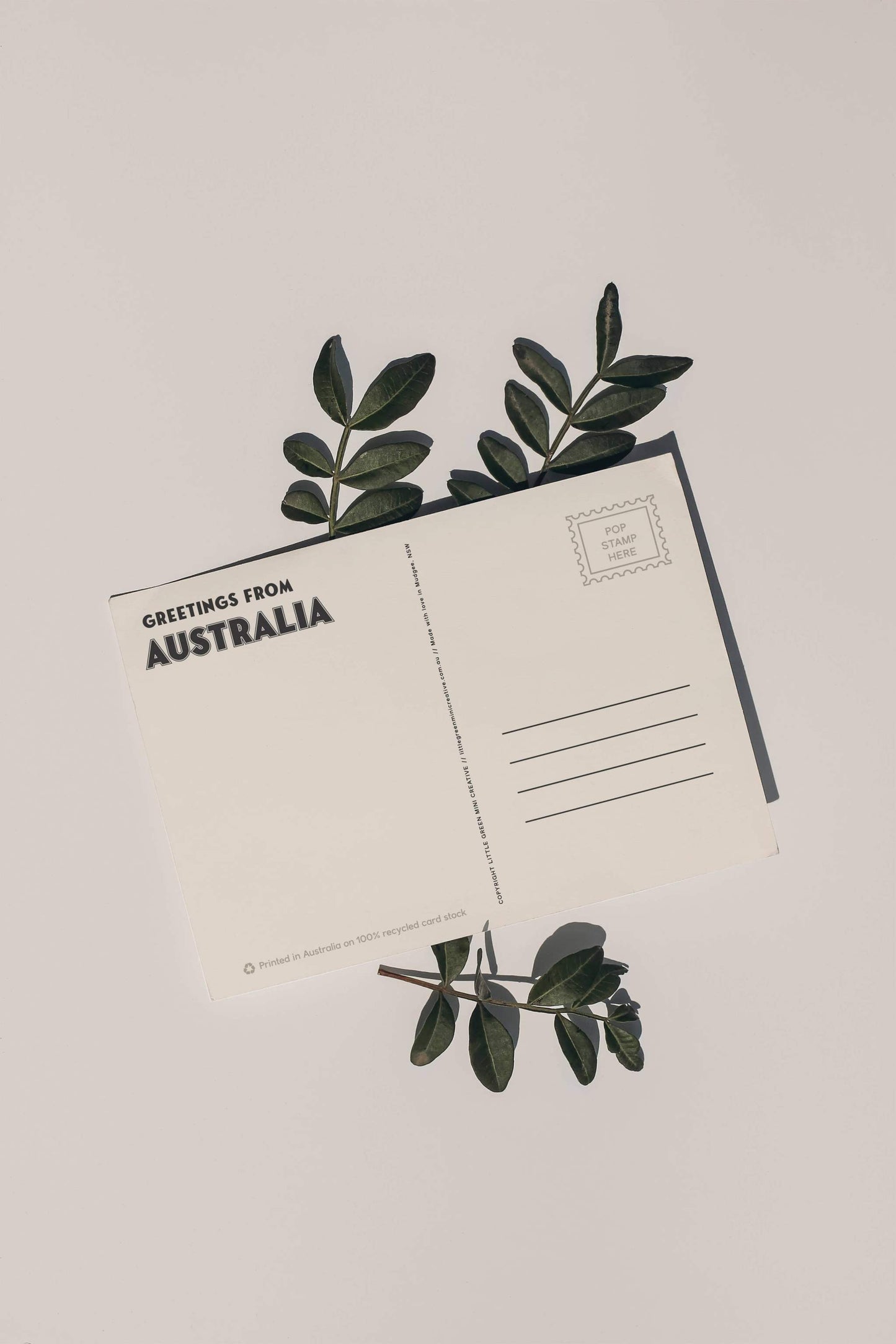 Back of 9to5 Studios Australia postcard displaying Greetings address lines and eco-friendly recycled cardstock details