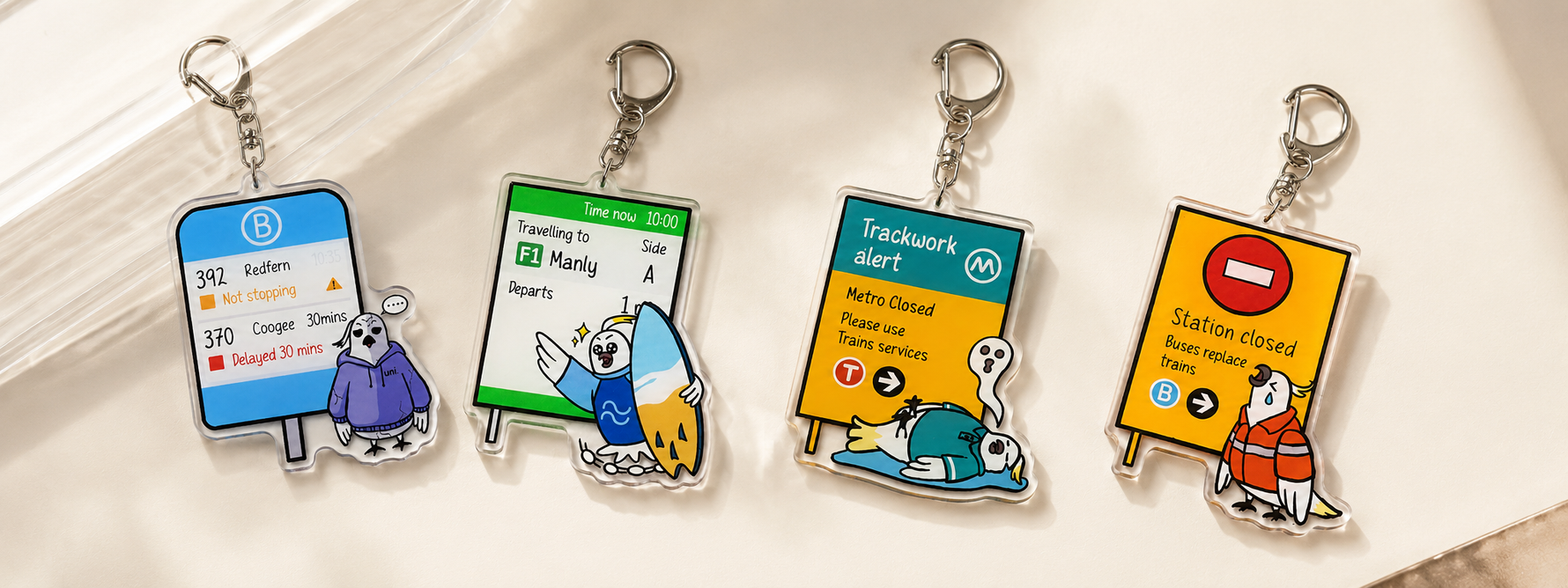 +61 Studio Sydney keychains featuring playful cockatoo illustrations of local transport moments