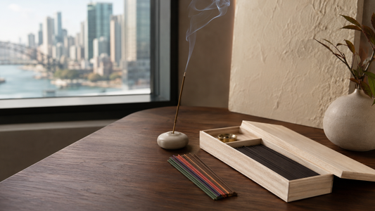 Shelf display of Japanese incense sticks and gift sets at 9to5 Studios in Sydney CBD