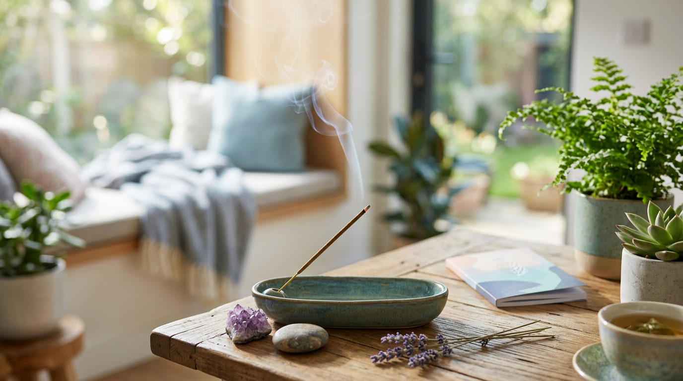 Aromatic incense sticks burning in a tranquil home setting for relaxation and mindfulness