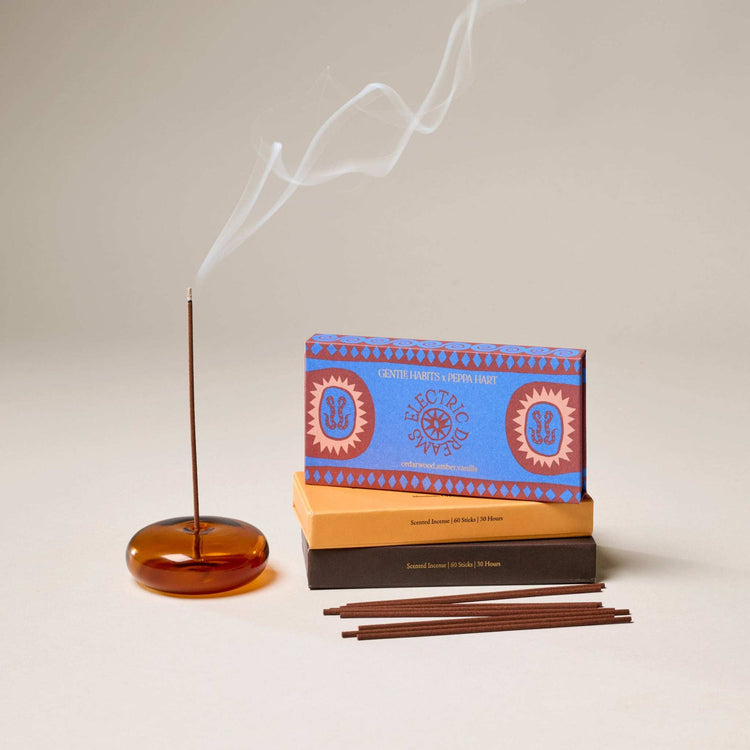 Gentle Habits x Peppa Hart Electric Dreams incense sticks in amber glass holder with cedarwood amber vanilla scent