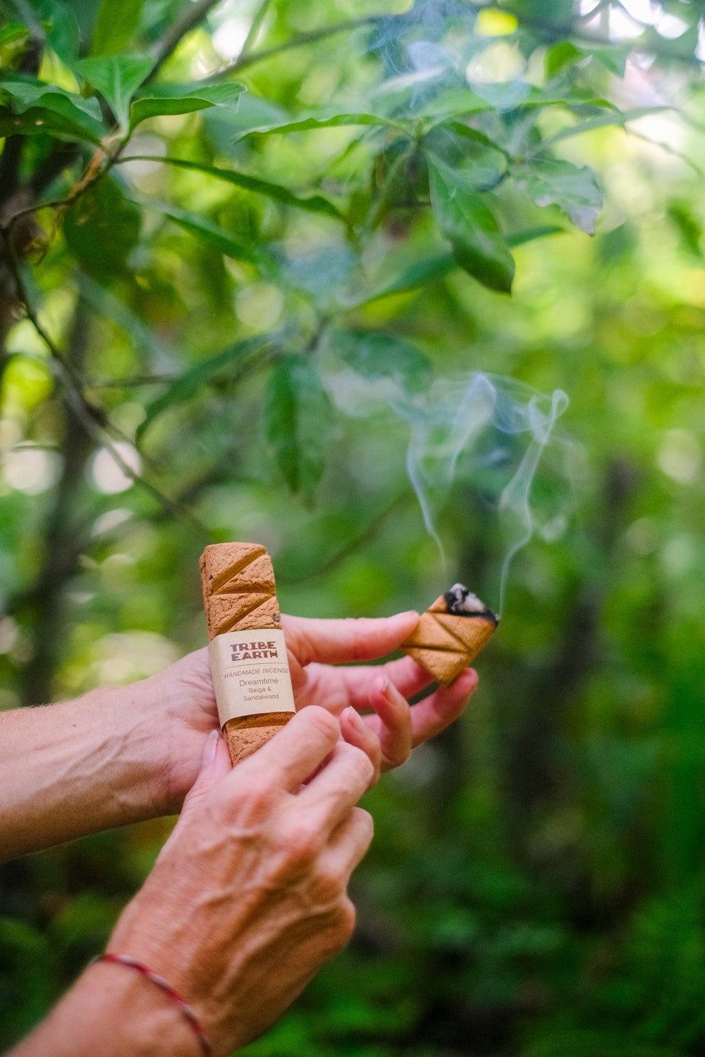 Australian Incense collection handmade Tribe Earth Sage Sandalwood incense stick with diagonal grooves and natural forest background