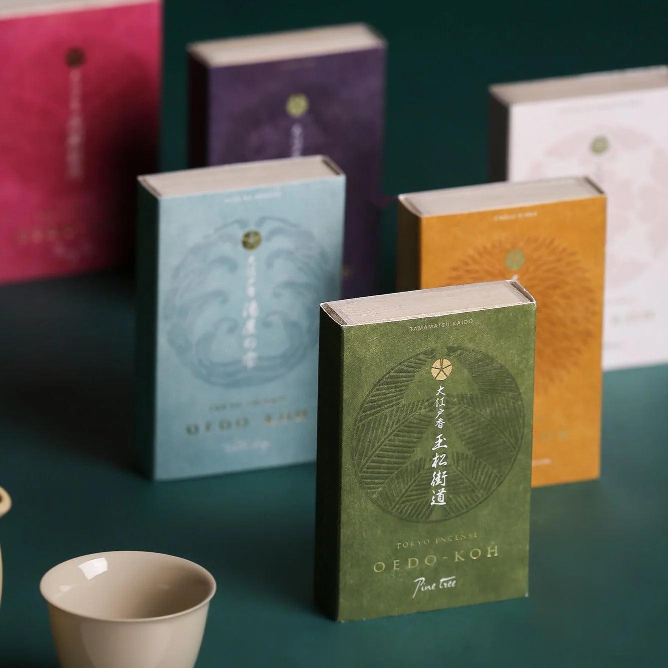 NIPPON KODO Oedo-Koh Tokyo Incense Pine Tree green textured paper box with embossed leaf pattern and gold foil text