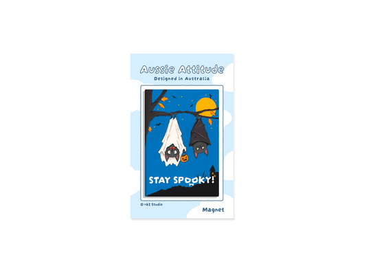 Halloween magnet with a blue, black and white single-colour print of two costumed bats hanging upside down; +61 Studio Train.