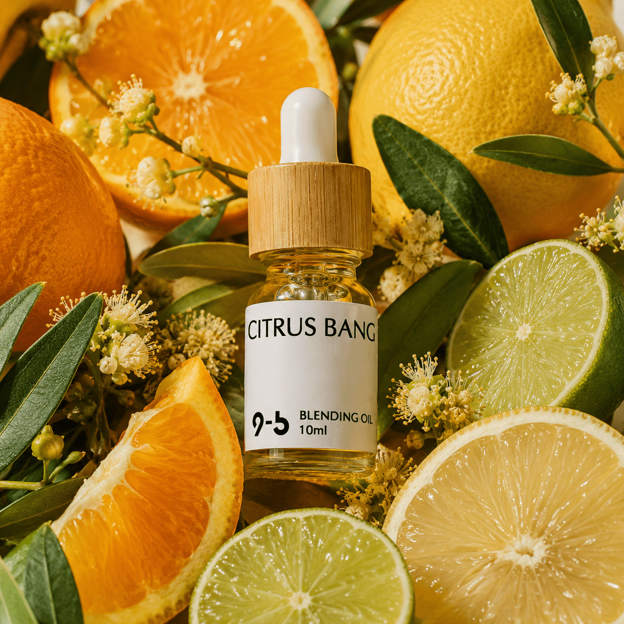 Citrus Bang Blending Oil 10ml surrounded by fresh orange lime lemon slices