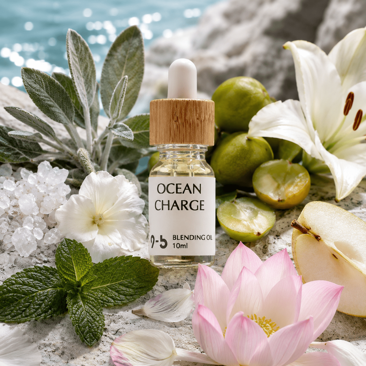 Ocean Charge Blending Oil 10ml with blue sage and sea salt in glass dropper bottle