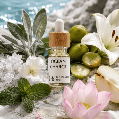 Ocean Charge Blending Oil 10ml with blue sage and sea salt in glass dropper bottle