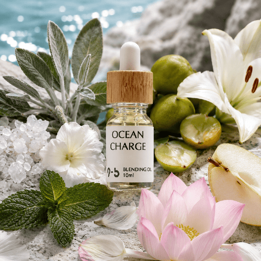 Ocean Charge Blending Oil 10ml with blue sage and sea salt in glass dropper bottle