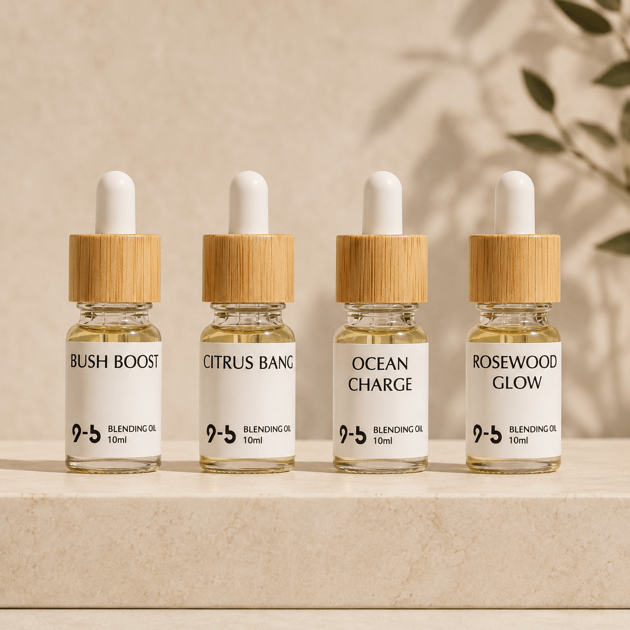 Collection of 10ml 9to5 Studios fragrance oils Bush Boost and Citrus Bang lineup