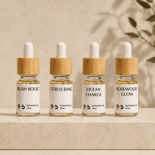 Collection of 10ml 9to5 Studios fragrance oils Bush Boost and Citrus Bang lineup