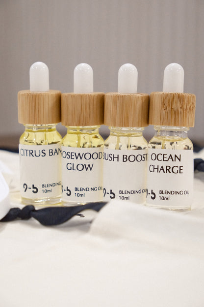 9to5 Studios Blending Oil 10ml lineup with Citrus Bang and Rosewood Glow on white surface