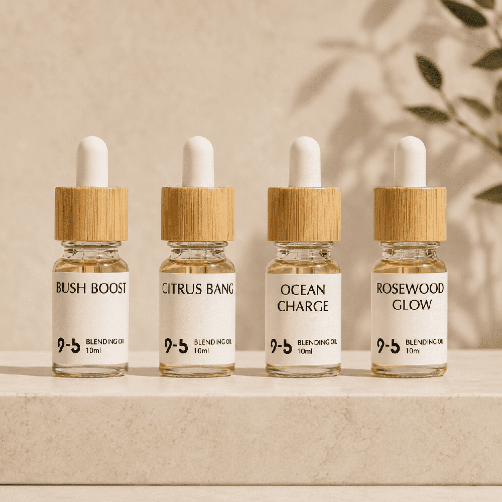 Collection of 10ml 9to5 Studios fragrance oils Bush Boost and Citrus Bang lineup