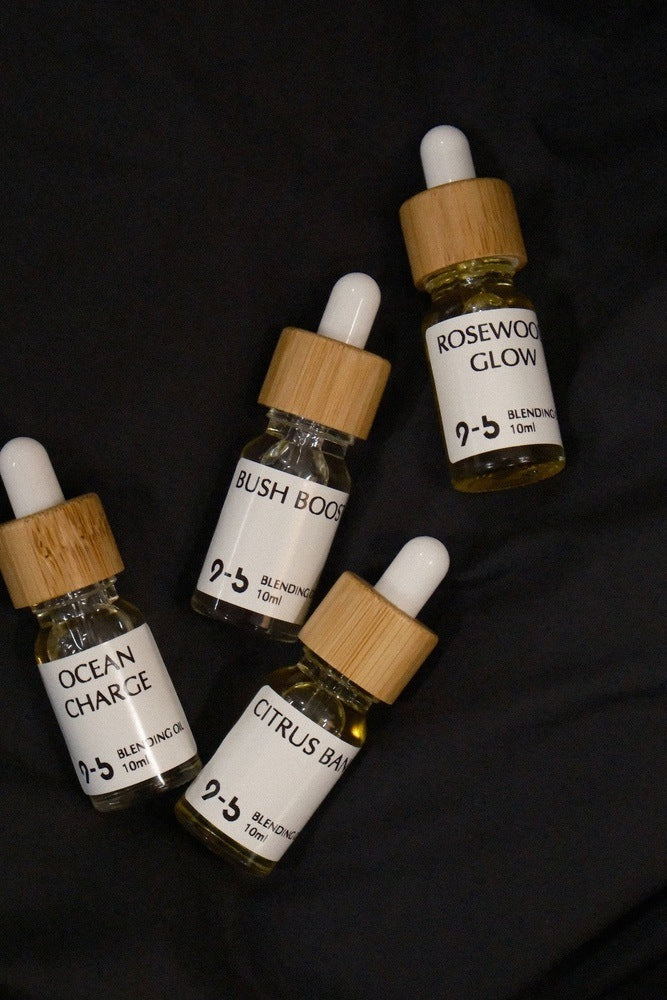 9to5 Studios Blending Oil 10ml set with Ocean Charge, Bush Boost, Rosewood Glow, Citrus Bang scents