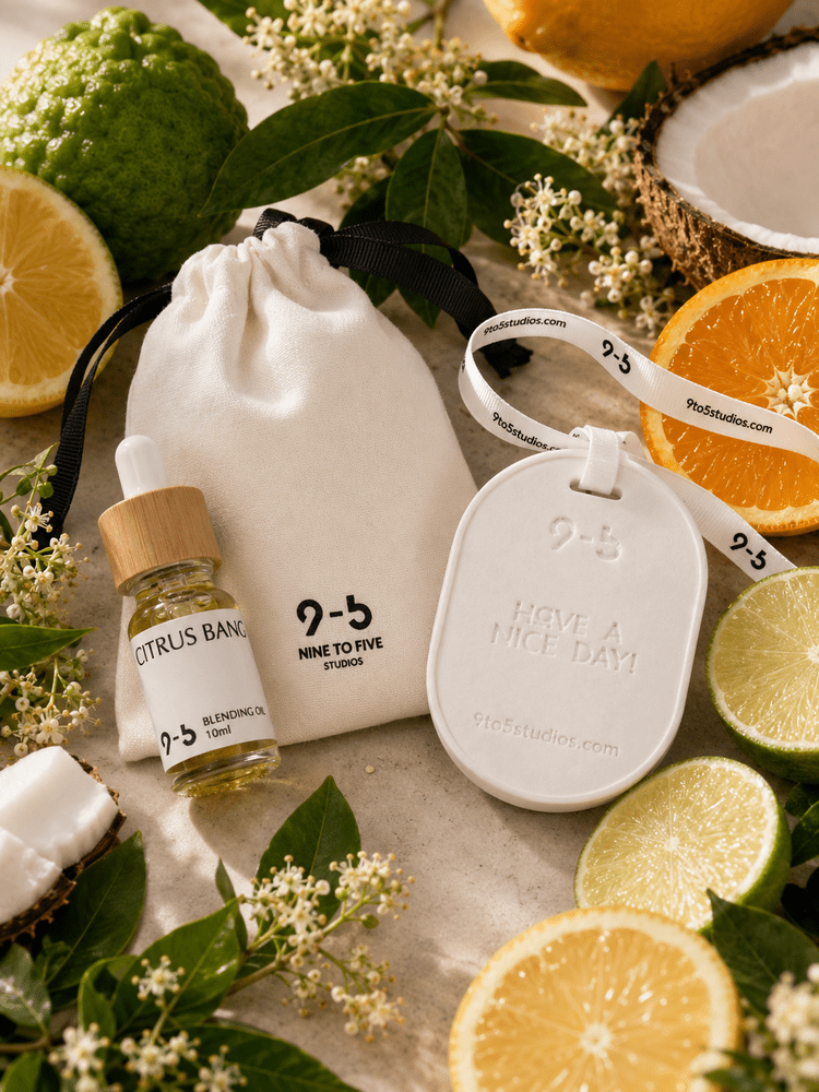 9to5 Studios Citrus Bang ceramic diffuser styled with fresh citrus fruits and coconut