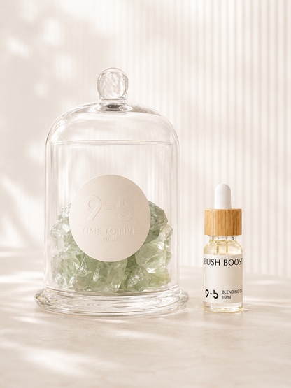 9to5 Studios Crystal Diffuser with Bush Boost oil and faceted green crystal stones