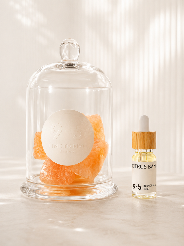 9to5 Studios Crystal Diffuser with Citrus Bang oil and orange-pink Himalayan salt crystals