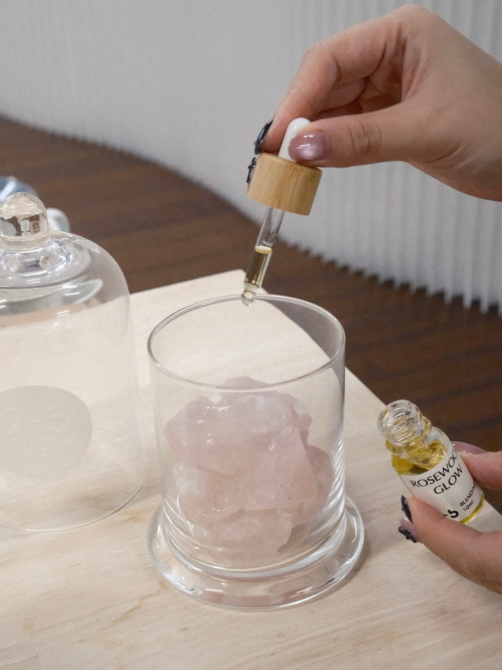 9to5 Studios Rosewood Glow rose quartz diffuser with bamboo cap dropper