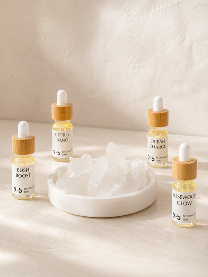 9to5 Studios set of four Blending Oil dropper bottles with raw quartz crystal points
