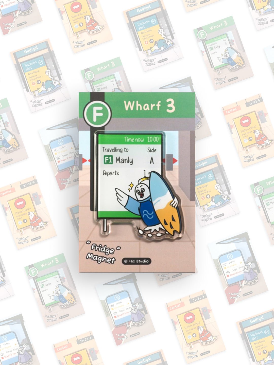 +61 Studio Ferry cockatoo surfer fridge magnet with Wharf 3 sign by 9to5 Studios