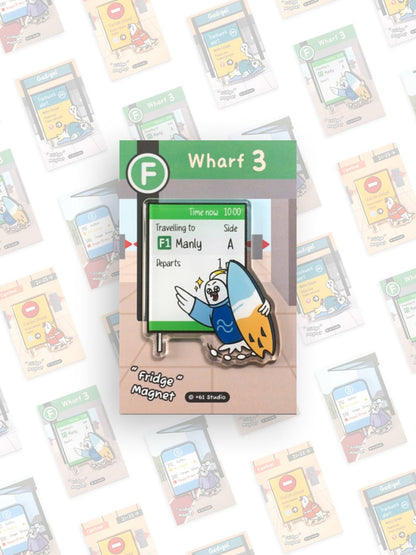 +61 Studio Ferry cockatoo surfer fridge magnet with Wharf 3 sign by 9to5 Studios