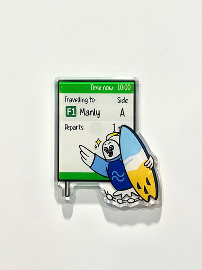 Close-up of +61 Studio optical acrylic cockatoo surfboard fridge magnet by 9to5 Studios