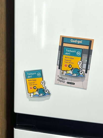 +61 Studio fridge magnet set showing Trackwork alert design on white refrigerator