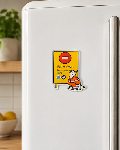 +61 Studio Station closed fridge magnet showing frustrated cockatoo in kitchen