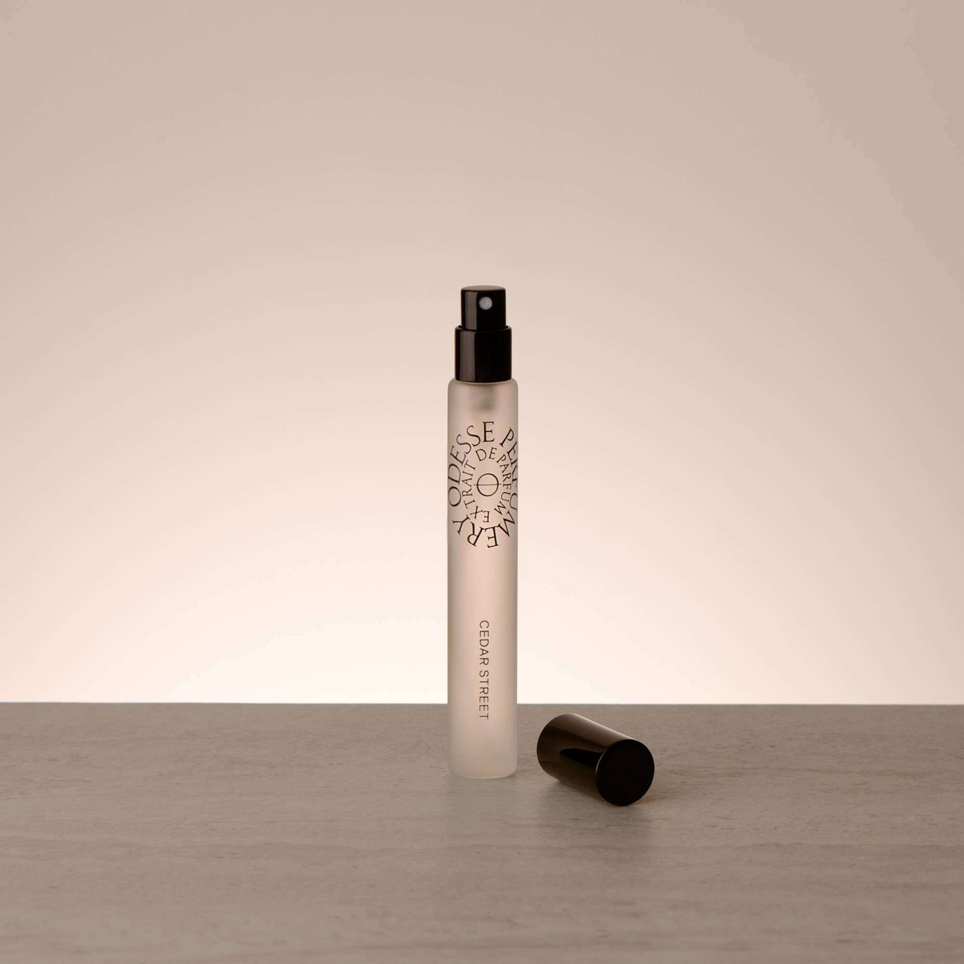 Odesse Cedar Street travel perfume bottle with removed spray nozzle showing atomizer mechanism by 9to5 Studios