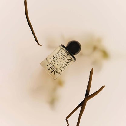 Floating Odesse perfume bottle surrounded by vanilla beans at 9to5 Studios