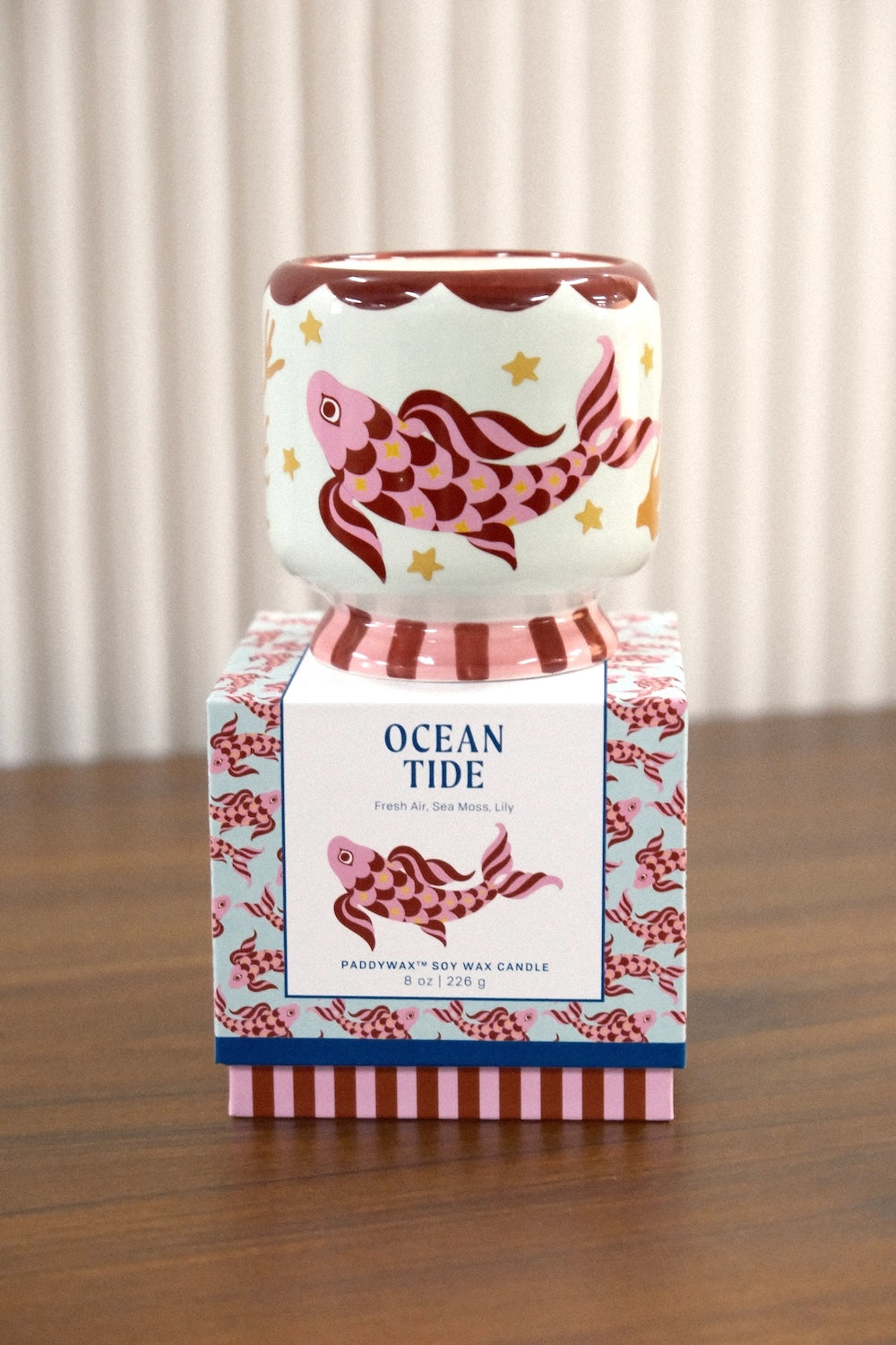 Paddywax A Dopo Koi Ocean Tide decorative ceramic candle on branded box showing full design