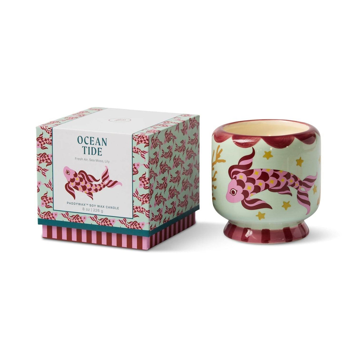 Paddywax A Dopo Koi Ocean Tide soy candle in mint green ceramic with pink koi fish and gold seaweed design