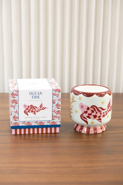 Paddywax A Dopo Koi Ocean Tide soy wax candle in retail box with pink koi fish pattern