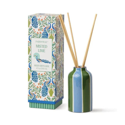 Paddywax Peacock Misted Lime reed diffuser set with glossy striped ceramic jar and retail box on white background