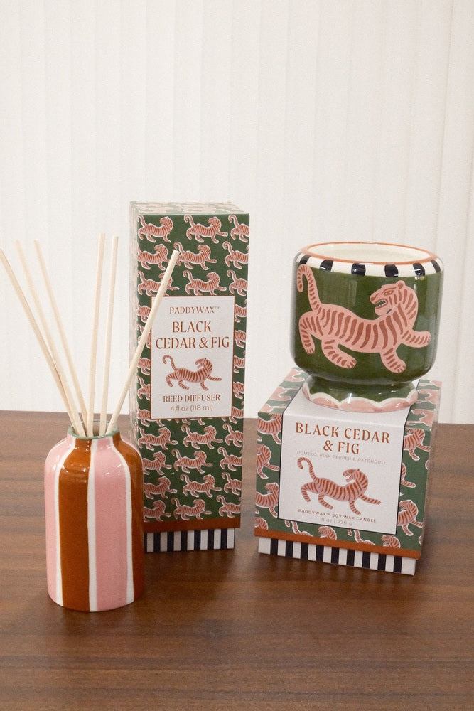 Paddywax Black Cedar & Fig Reed Diffuser and matching Soy Wax Candle set with tiger pattern ceramics