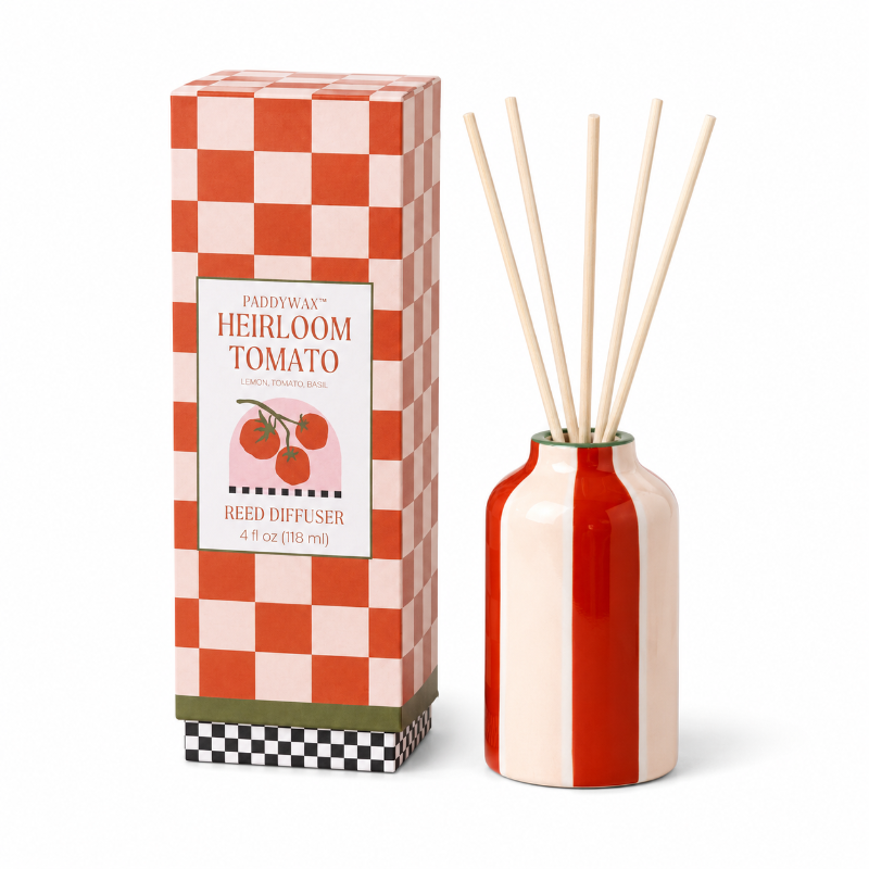 Paddywax Heirloom Tomato Reed Diffuser in glazed ceramic with reeds against white background