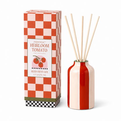 Paddywax Heirloom Tomato Reed Diffuser in glazed ceramic with reeds against white background
