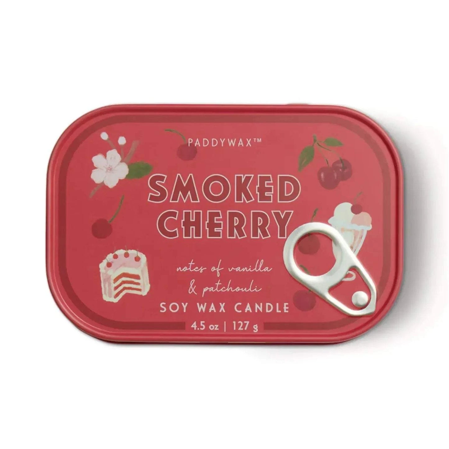 Paddywax Smoked Cherry soy wax candle in red tin with cherry and cake illustrations