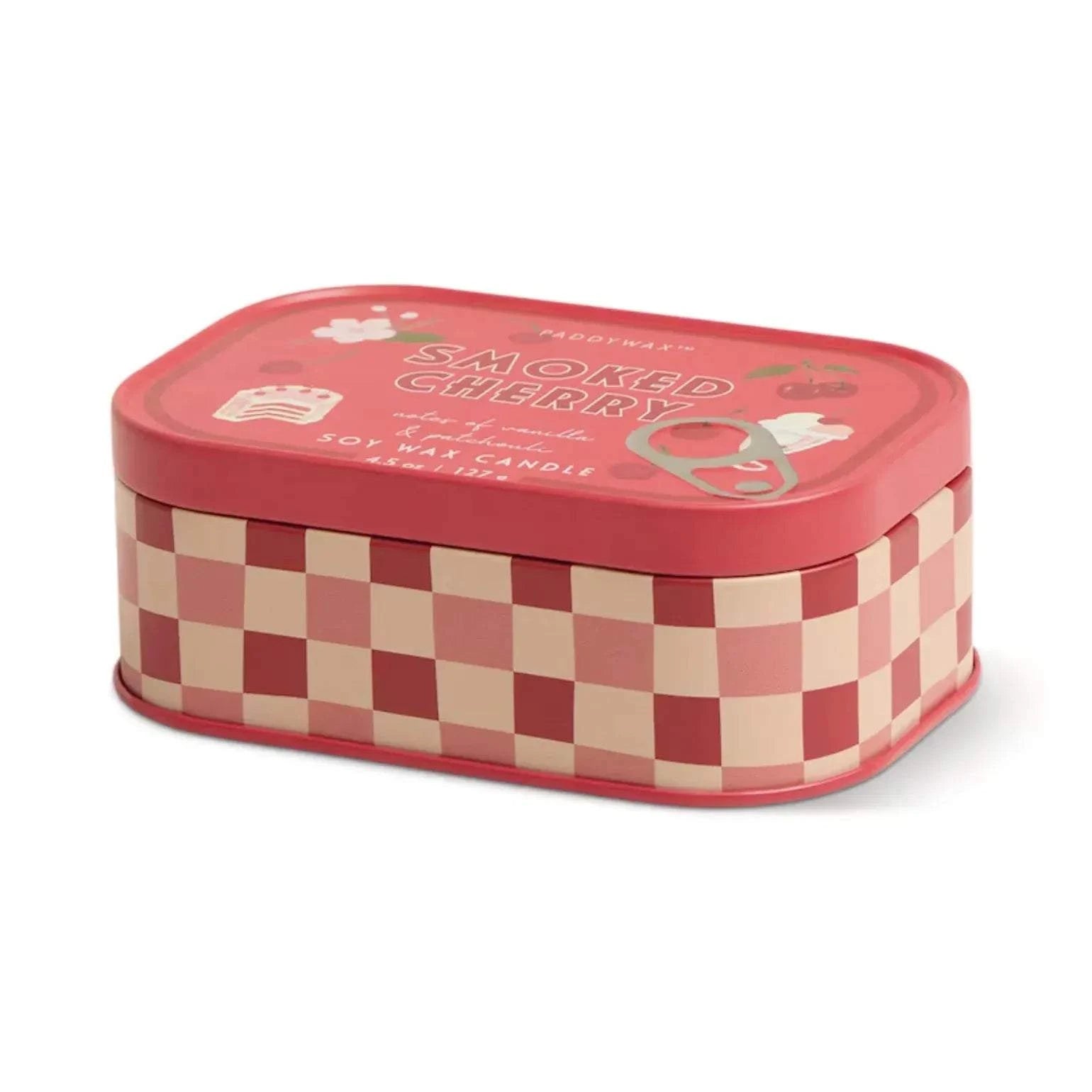 Paddywax Smoked Cherry candle in pink gingham tin with matte red lid