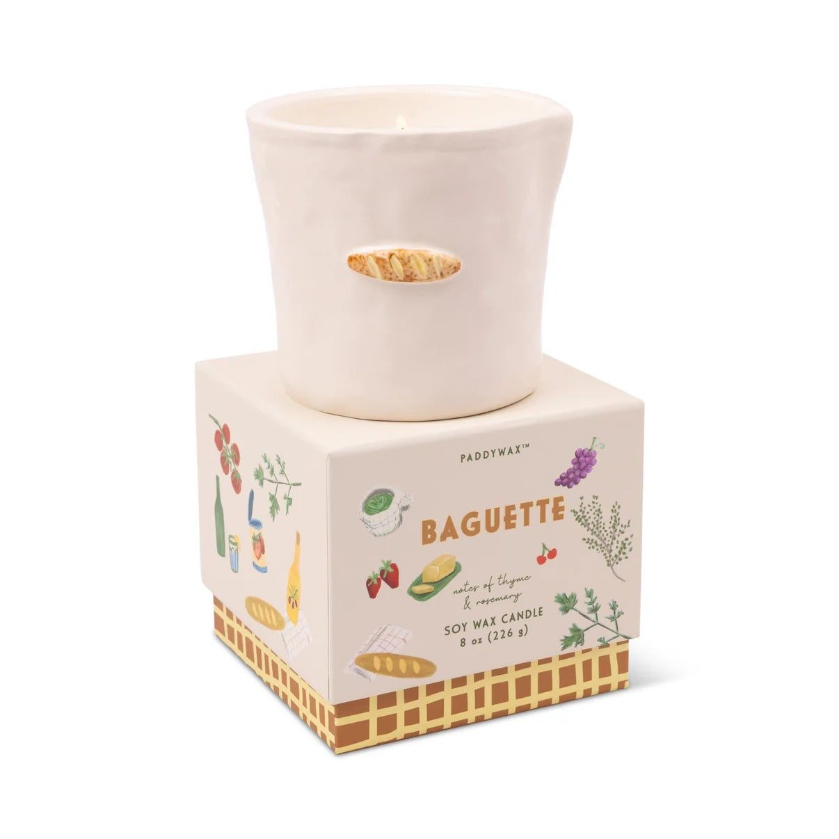 Paddywax Bistro Rosemary Thyme embossed ceramic baguette candle in off-white matte with printed packaging
