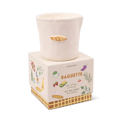 Paddywax Bistro Rosemary Thyme embossed ceramic baguette candle in off-white matte with printed packaging