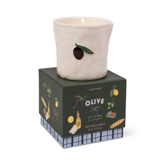 Paddywax Fig & Olive scented soy wax candle in embossed off-white ceramic with Mediterranean olive leaf design on branded box
