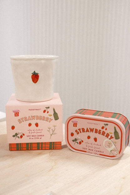 Paddywax Strawberry soy wax candle set with 8oz ceramic jar and 4.5oz plaid tin on wood
